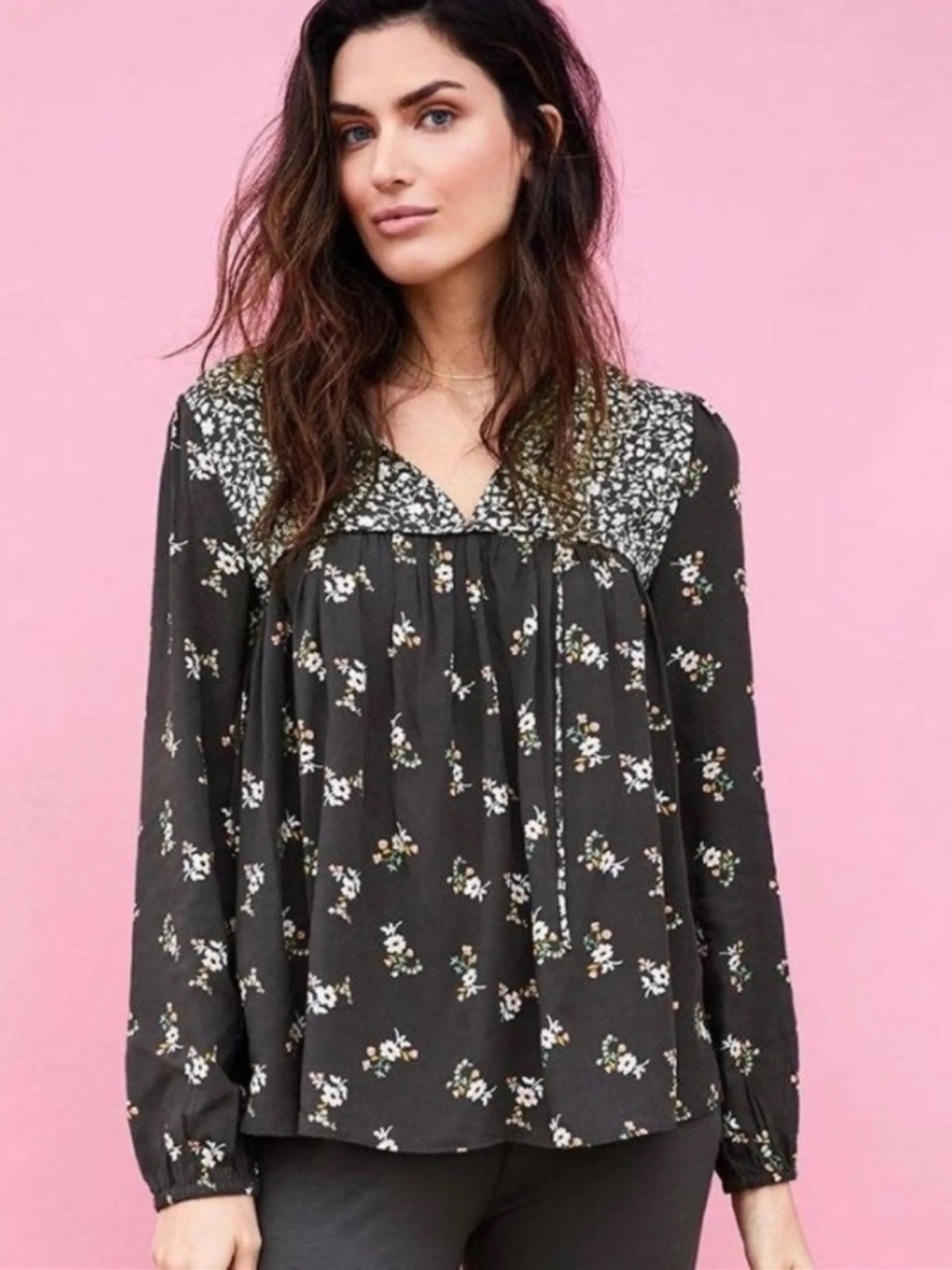 Matilda Jane Womens Floral Babydoll Top Size Large Gray Long Sleeve Boho